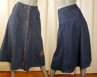 1990s Denim Skirt, European Vintage Cotton Blue Jeans Skirt with Embroidered Flowers, 10 US, 14 UK, Waist = 30" (76.2cm) to 31" (78.4cm)