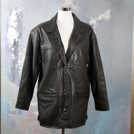 1980s Vintage Black Leather Jacket European Coat Size 14 US 18