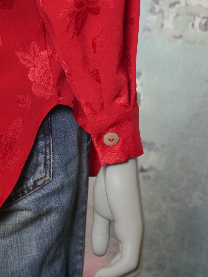 1980s European Vintage Long Tunic-Style Lightweight Blazer Top Red Floral Blouse Size 12 US 16 UK