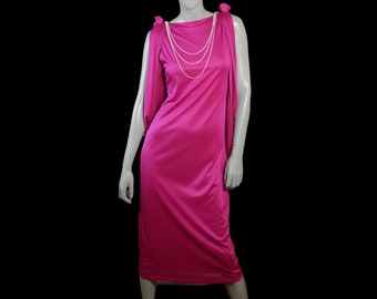 70s Disco Dress, European Vintage Pink Satin Sleeveless Flapper Style Midi with Goddess Draping, Size 8 USA, 10 UK