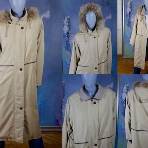 1990s Beige Raincoat, European Vintage Long Water Resistant Trench Coat w Detachable Fox Fur Trimmed Hood: Size 14/16 US, 18/20 UK
