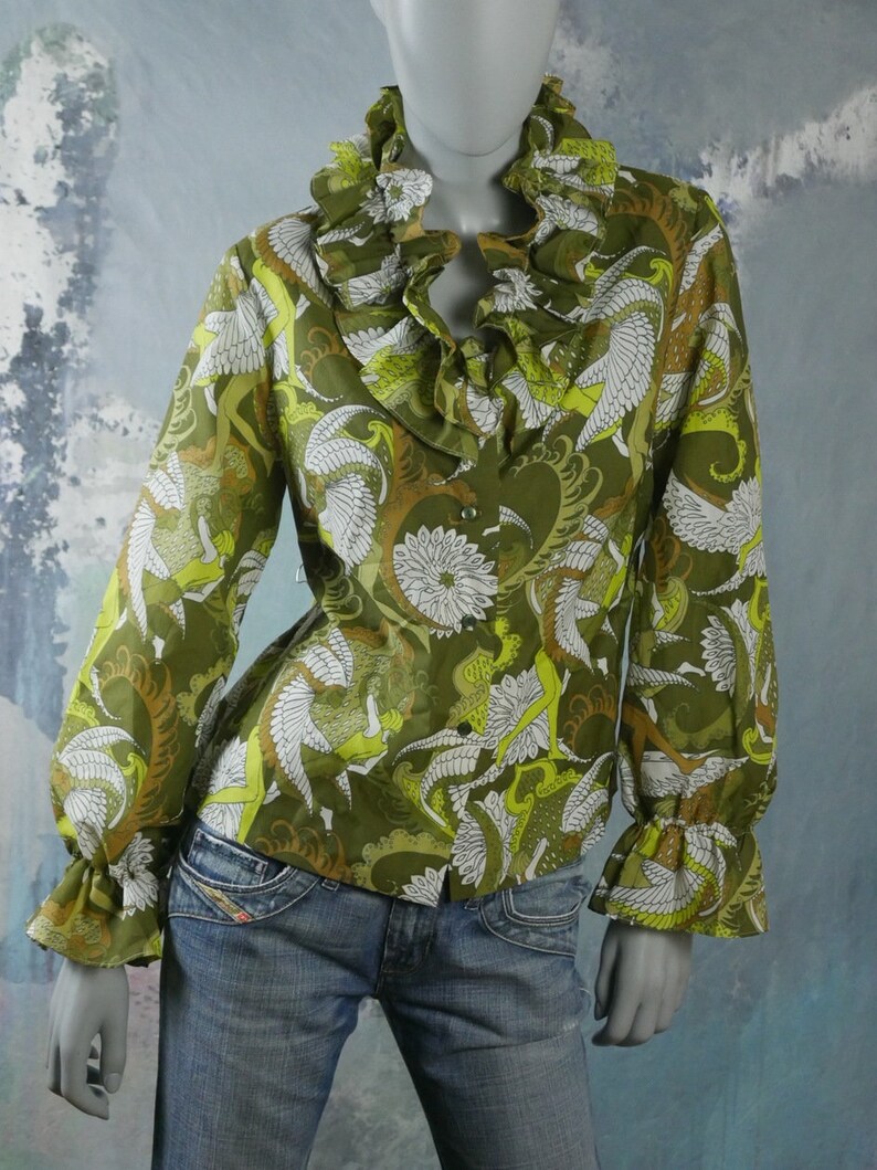 Green Abstract Pattern Retro Top with Ruffled Neckline 1970s Swedish Vintage Floral Blouse Size 14 US 18 UK
