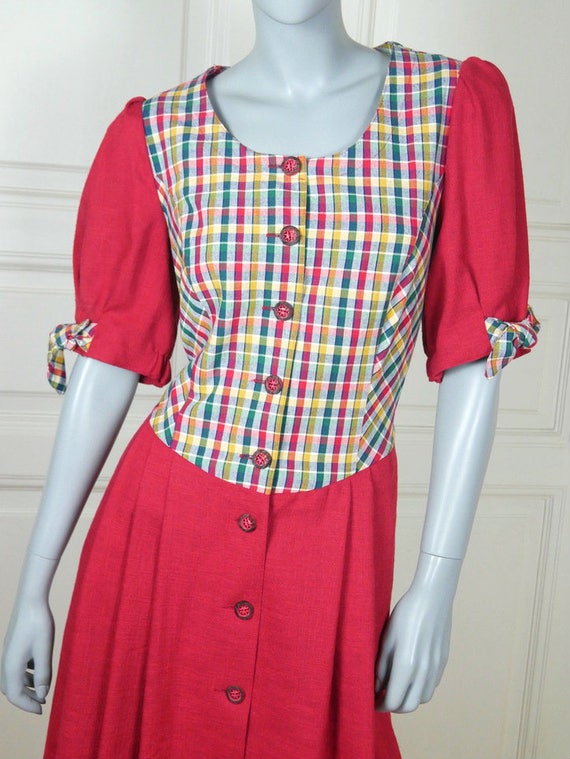 Bavarian Vintage Trachten Dress, Red Linen w Red G