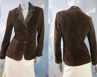 Braune Wildleder Jacke, europäische Vintage Damen Blazer Stil echtes Leder Jacke w Faux Schlangenleder Kragen und Manschetten: Größe 6 US, 10 UK