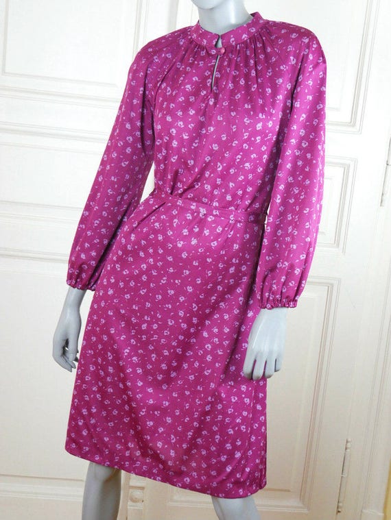 1980s Magenta Floral Dress, Hungarian Vintage Lon… - image 2