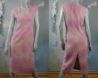 Sleeveless Linen Midi Dress, Two-Tone Pale Pink Subtle Tie-Dye Print Elegant 1990s European Vintage Summer Style: Size 10 US, 14 UK