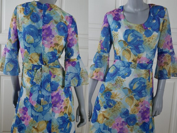 Swedish Vintage Floral Maxi Dress, 1970s Pale Blu… - image 1