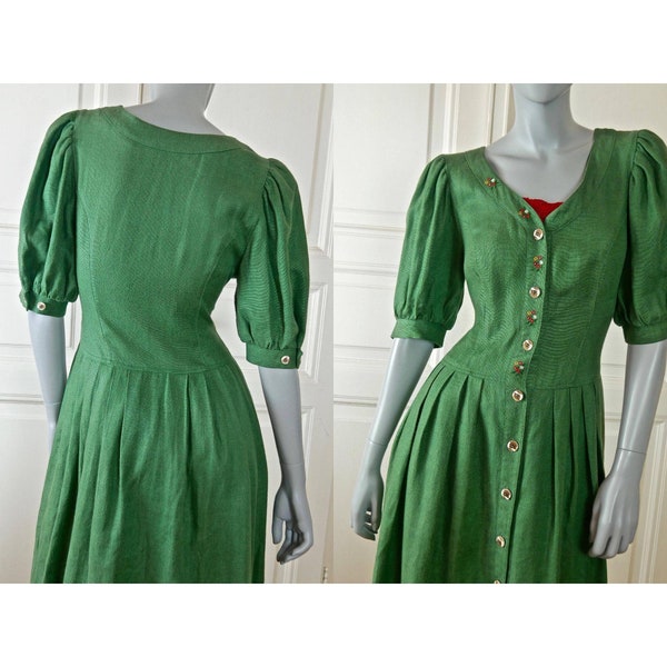 Green Linen Dress, Size Medium 8 USA, 90s Austrian Vintage Regency Prairie Style Midi