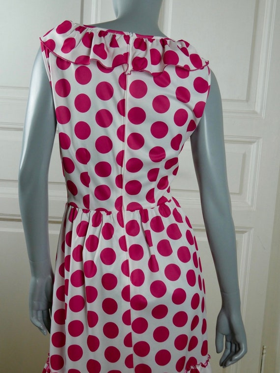 1970s Sleeveless Polka Dot Dress, White Ruffle Po… - image 7