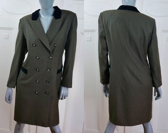 80s Double-Breasted Dress, Large, Size 12 USA, Olive Green