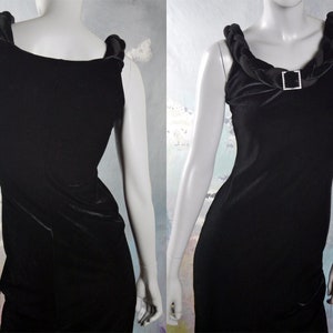 Black Velvet Dress, European Vintage Sleeveless Formal Long Cocktail Dress w Diamanté Neckline Buckle: Size 6 US, Size 10 UK