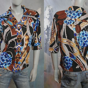 1970s Blouse, Size 16 USA, European Vintage Turquoise Bronze Gold Silver and Black Abstract Pattern Floral Shirt w Wide Collar