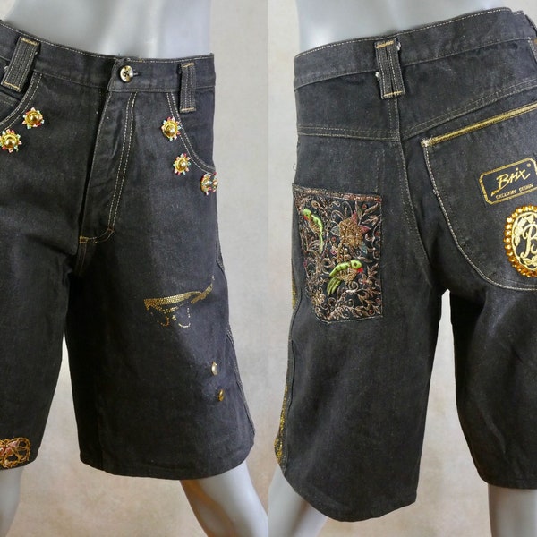 80s Black Denim Shorts, Greek Vintage Embroidered Jeans Shorts with Rhinestones: Waist = 33 inches,  Hips = 45 inches