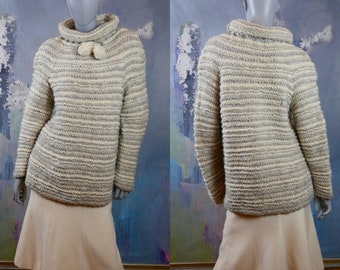 Norwegian Wool Sweater, Cream & Light Gray Turtleneck Pullover w Pom-Pom Drawstring, 1980s Retro Scandinavian Style: Size 14 US, 18 UK