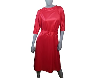 Vintage 70s Red Dress with Sateen Finish and Belt, Size 12 US, 16 UK