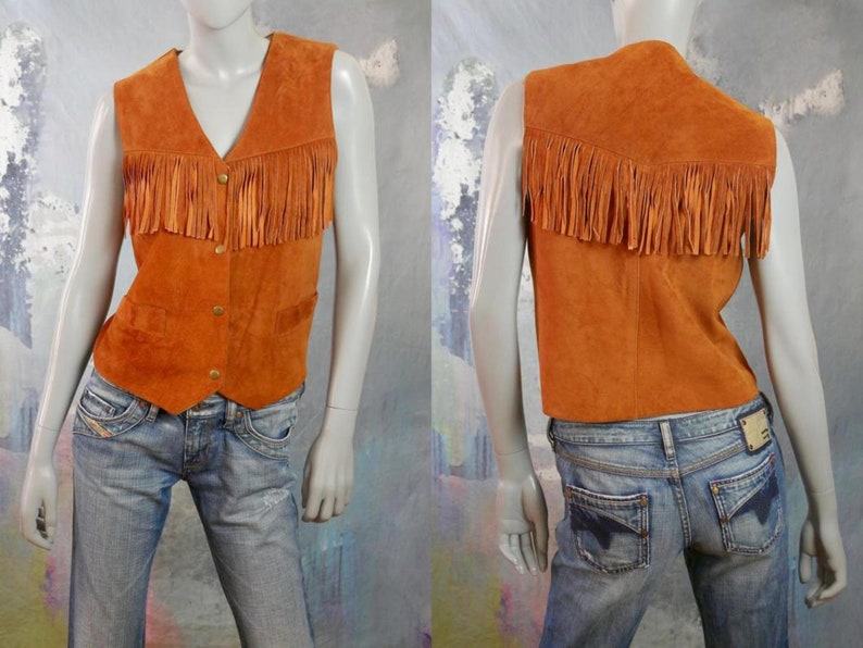 Size 12 US Butternut Squash Ruddy Brown Suede Western Cowgirl Waistcoat Leather Fringe Vest 16 UK