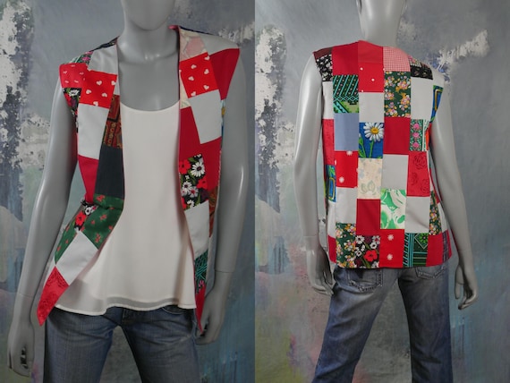 Crazy Quilt Vest, Large, Size 12 USA, 1980s Vintage Open Crazy Quilt Vest, Large, Size 12 USA, 1980s Vintage Open