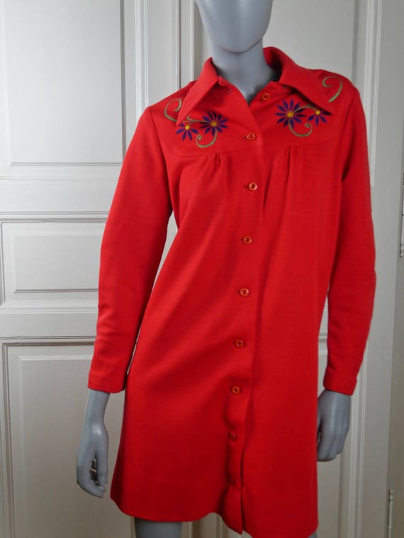 1970s Red Dress, German Vintage Shirt Dress, Red … - image 2