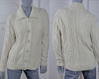 Irish Cable Knit Cardigan, Cream Colored Cotton Knit Handmade 90s Vintage Aran Sweater: Size 12 US, 16 UK