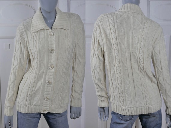 Irish Cable Knit Cardigan Cream Colored Cotton Knit Handmade 90s Vintage Aran Sweater Size 12 US 16 UK Etsy UK