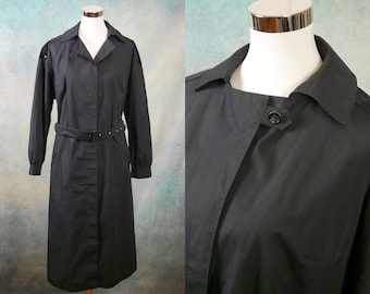 Black Trench Coat Women, Lightweight Long 1990s French Vintage Raincoat, 90s Clothing Women, Size 16 US, 20 UK