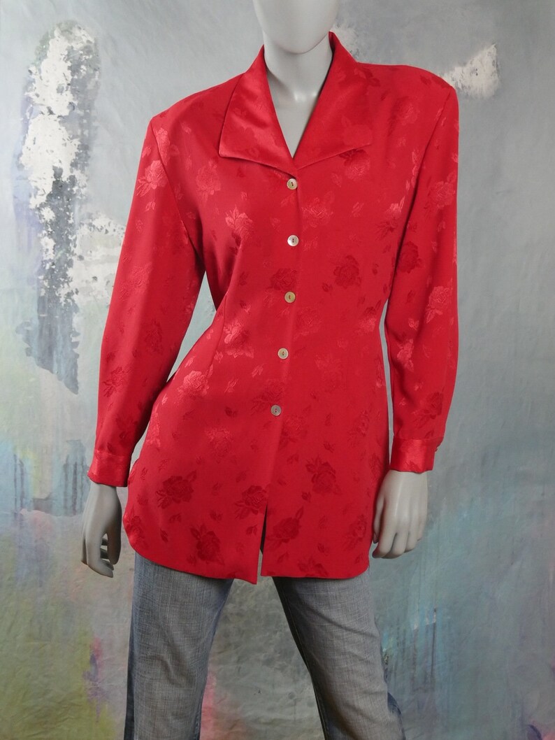 1980s European Vintage Long Tunic-Style Lightweight Blazer Top Red Floral Blouse Size 12 US 16 UK