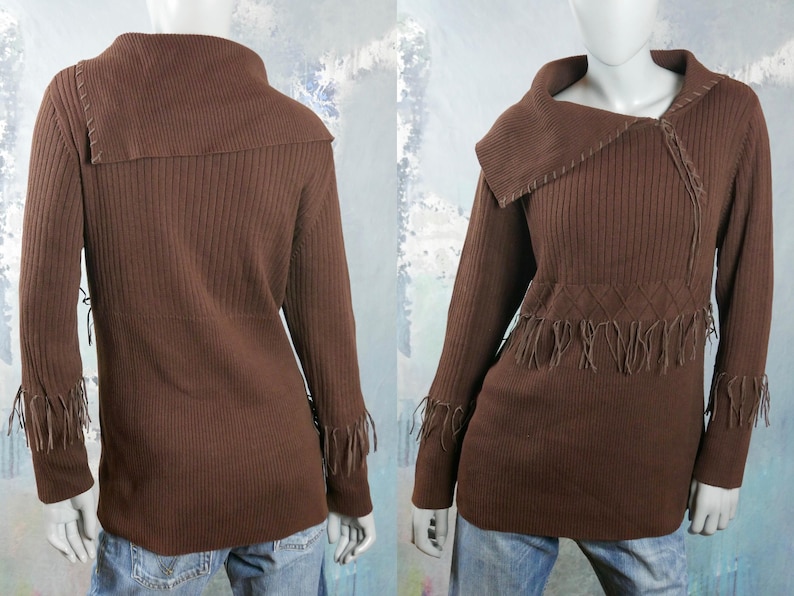 1980s Sweater Size Large 14 US, 18 UK European Vintage Brown Cotton Knit Pullover Top w Wide Asymmetrical Collar /& Faux Leather Fringe