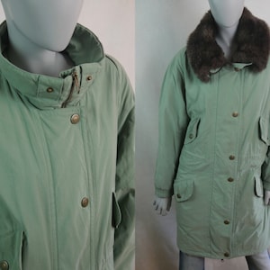 Abrigo de invierno verde menta, abrigo acolchado de cabeza vintage de los años 90 con cuello de piel sintética desmontable, tamaño 16/18 EE. UU., 20/22 Reino Unido