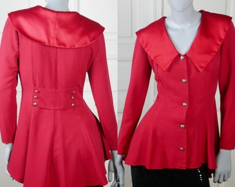 1980s Red Blazer, British Vintage Princess Diana Style Tunic Jacket w Satin Portrait Collar & Peplum Paneled Waistline: Size 6 US, 10 UK