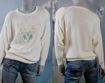 90s Vintage White Summer Sweater w Sequin & Beaded Butterfly: Size Large
