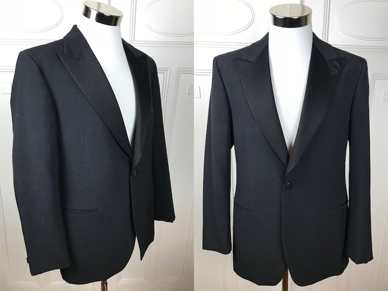 Vintage Tuxedo Jacket, Swedish Black Dinner Jacket w Silk Peak Lapels, European Smoking Jacket: Large, Size 40 US/UK image 2