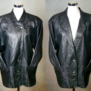80s Vintage Black Leather Jacket, Women&#39;s Soft Lambskin Coat, Size Large, 12 to 14 USA, 16 to 20 UK