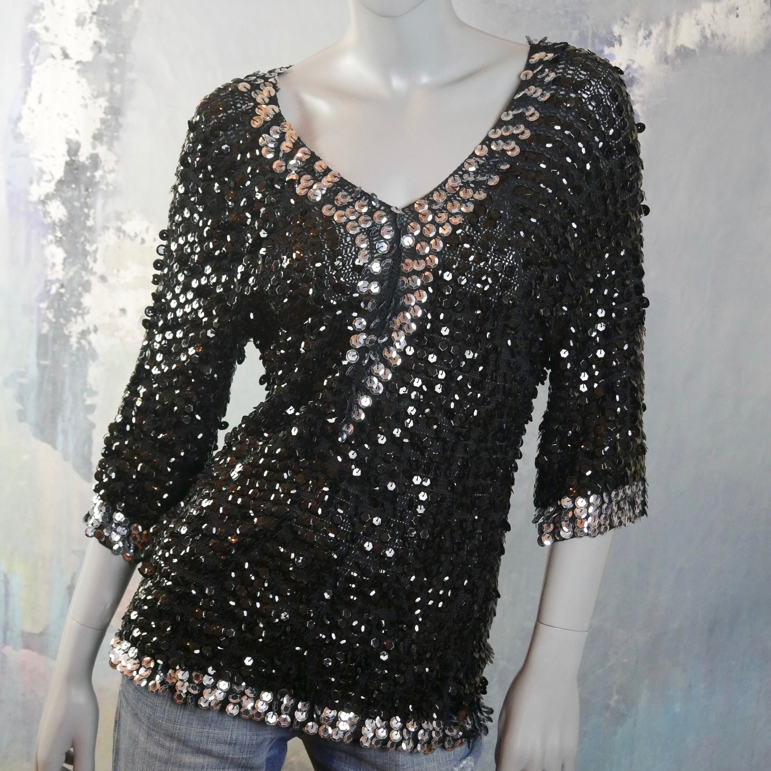 80s Sequinned Top| Vintage Women's Black Sequinned Oversized Short Sleeved Silk Party Top