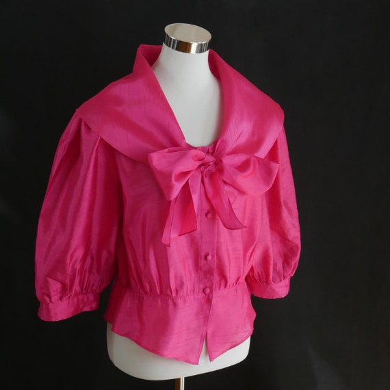 Hot Pink Blouse, 1980s Vintage Silk Feel Puff Sle… - image 4
