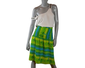 Vintage Green Skirt, 90s European with Yellow & Turquoise Blue, Size 10 US, 14 UK, Waist = 31 Inches (78.4cm), Hips = 40 Inches (101.6cm)