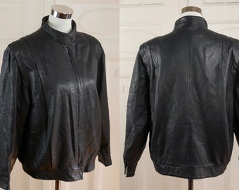 Vintage Leather Jacket, 1990s Black Band Collar Zippered Bomber Jacket, Made in Finland: Size 12 US, 16 UK