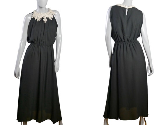 70s Vintage Long Black Sleeveless Dress with Lace… - image 1