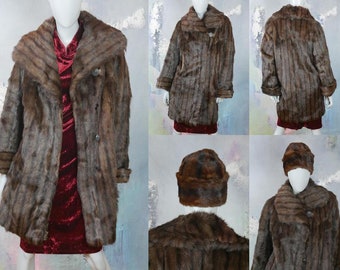 Vintage Mink Coat, Large Women's Size Medium 10 to 12 USA, European Above-the-Knee Genuine Fur with Wide Rounded Overlap Lapels