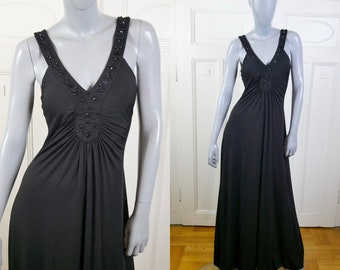 Long Black Sleeveless Dress with Rhinestone and Beaded V Neckline and Straps, 1990s European Vintage: 10 US, 14 UK
