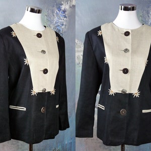 Vintage Linen Blazer, German Black and Beige Trachten Jacket with Embroidered Edelweiss and Faux Antler Buttons: Size 16 US, 20 UK