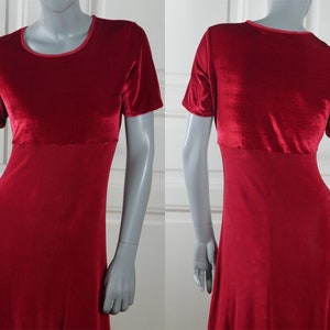 90s Red Velvet Dress, Danish Vintage Slip-On Short-Sleeve Red Summer Dress: Size 6 US, Size 10 UK