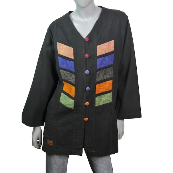 Black Cotton Smock Blouse with Color Block Flax Linen Front, 90s European Vintage Womenswear, Size Extra Large