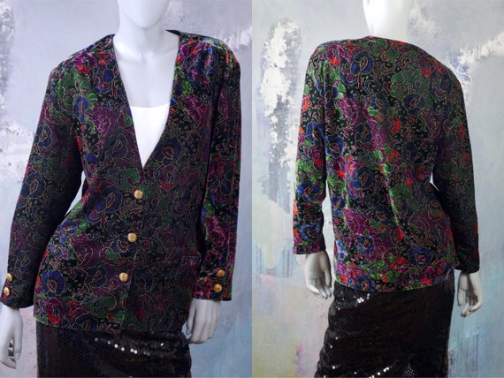 Velvet Floral Blazer, Black Purple Blue Green & Re
