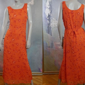 Long Sleeveless Dress, 1990s European Vintage Orange Floral Summer Maxi, Made in Finland: Size 10 US, 14 UK