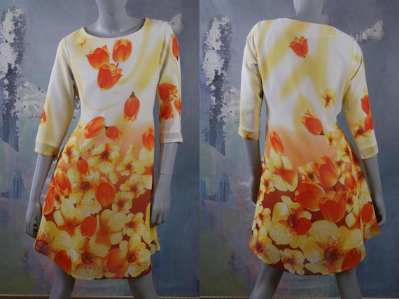 1990s Italian Floral Dress, Yellow White & Orange