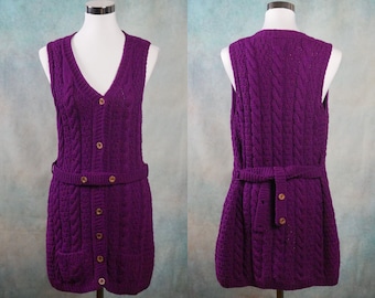 1970s Purple Long Vest, Italian Vintage Wool Cable Knit Duster Dark Violet Waistcoat, 70s Clothing Women, Size Small, 6 US, 10 UK