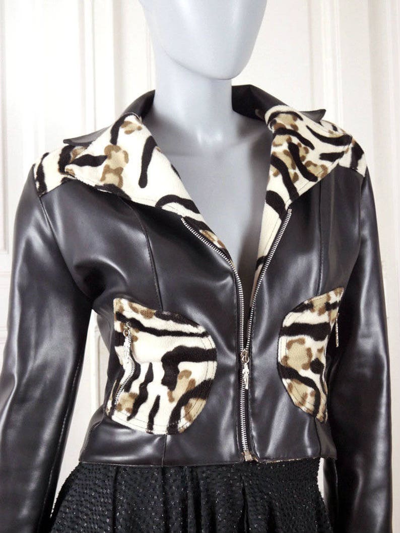 French Vintage Faux Leather Jacket Black Fake Pvc Short Fitted With Fur Animal Print Features Size 8 10 Us 12 14 Uk