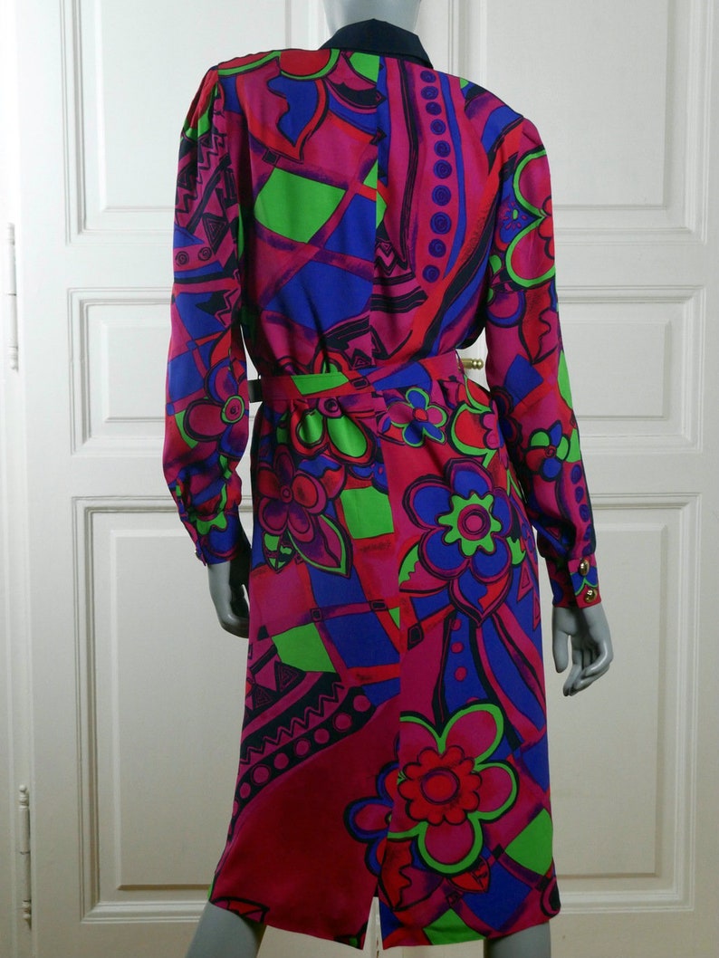 German Vintage Floral Geometric Cerise Pink Red Blue Purple Green Knee-Length Dress w Gold Buttons Size 10 US 90s Abstract Dress 14 UK