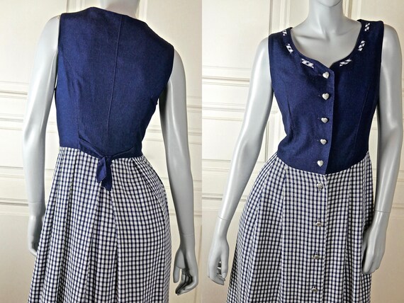 Dirndl Dress, Navy Blue & White Check Plaid Cotton