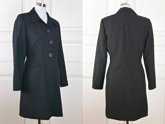 Italian Vintage Black Coat, Single-Breasted Wing Collar European Long Jacket, Lightweight Coat: Size 8 US, 12 UK